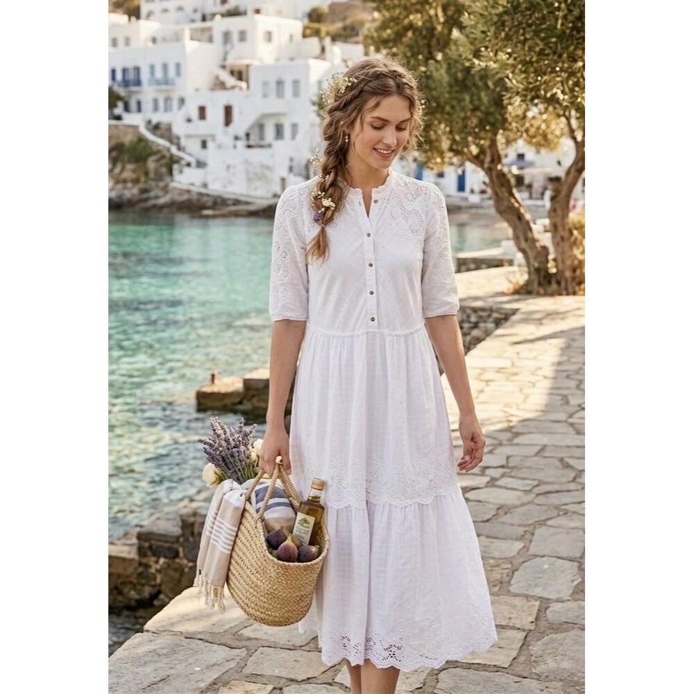 Ulla Johnson White Lace Cotton Tiered Midi Dress 4 Cottage Romantic Sundress